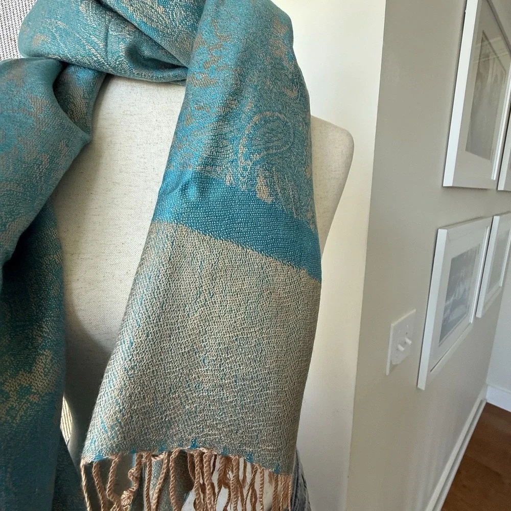 Paskmina Scarf Shawl Turquoise Gold Paisley Boho Wrap‎ Fringe